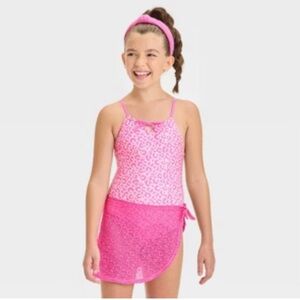 Cat & Jack Pink Leopard Kids Swim One Piece suit with sarong.